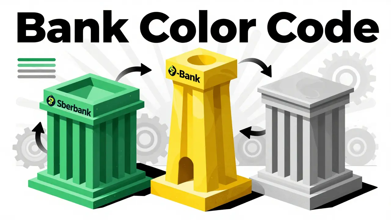 Geometric art showing green and yellow towers representing Russian bank crypto policies.