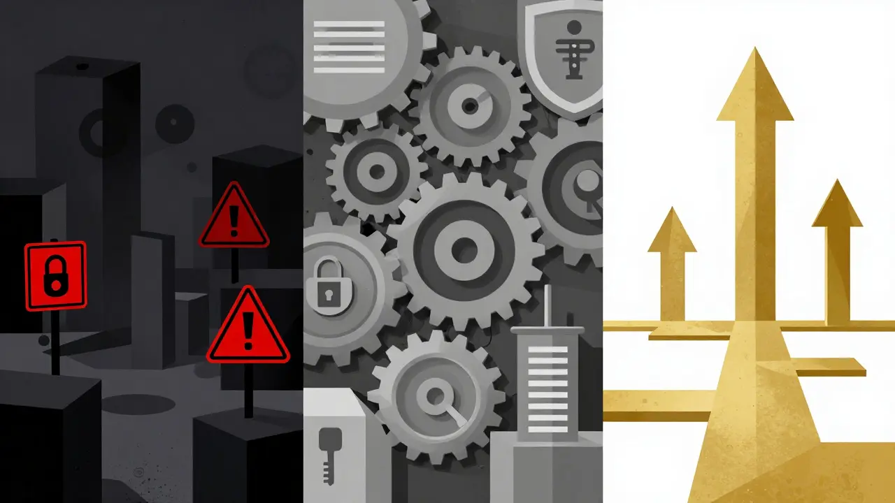 Geometric cartoon comparing restrictive, neutral, and friendly crypto laws