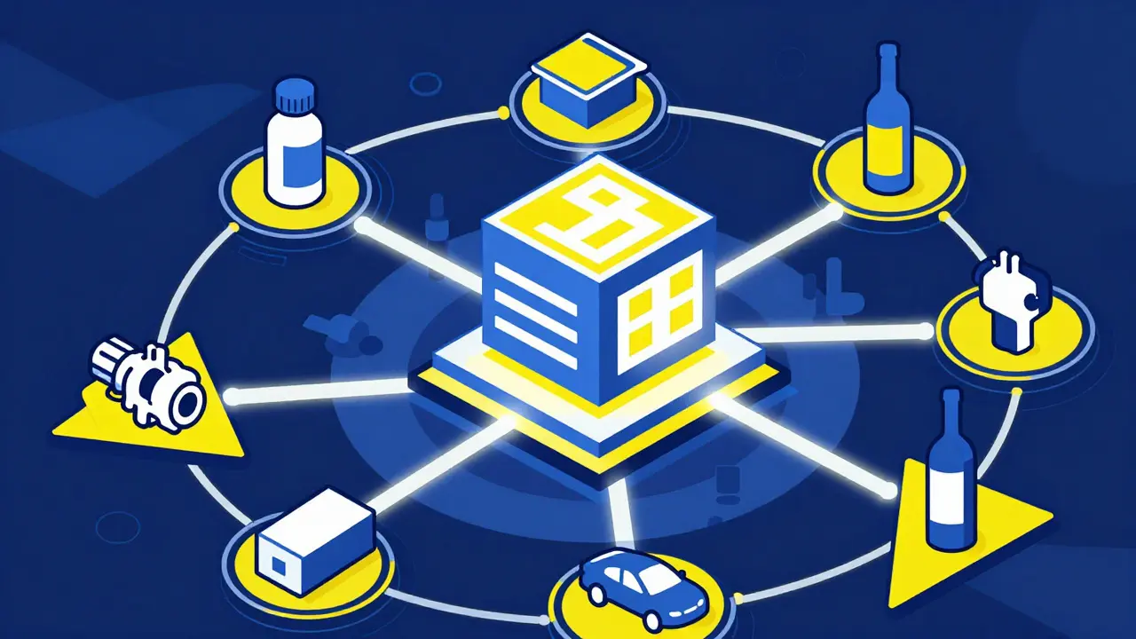 Geometric diagram of supply chain verification linking products to blockchain.