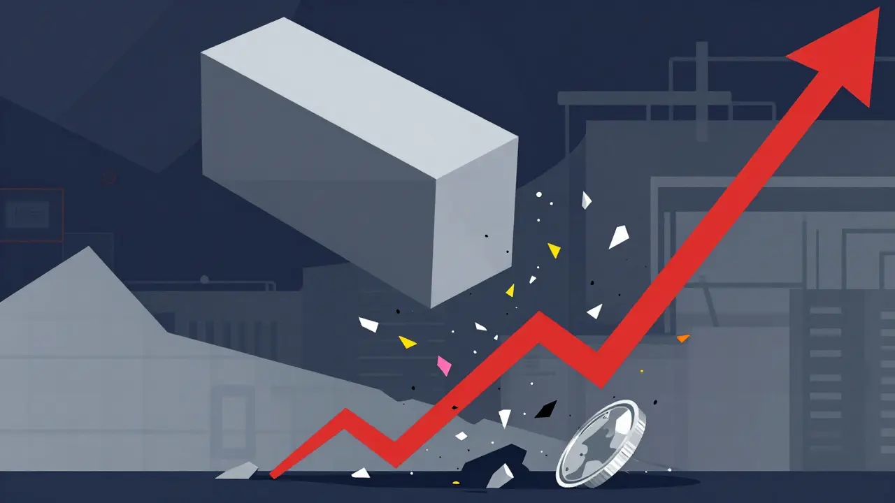 Geometric illustration of a falling block shattering an upward trend line