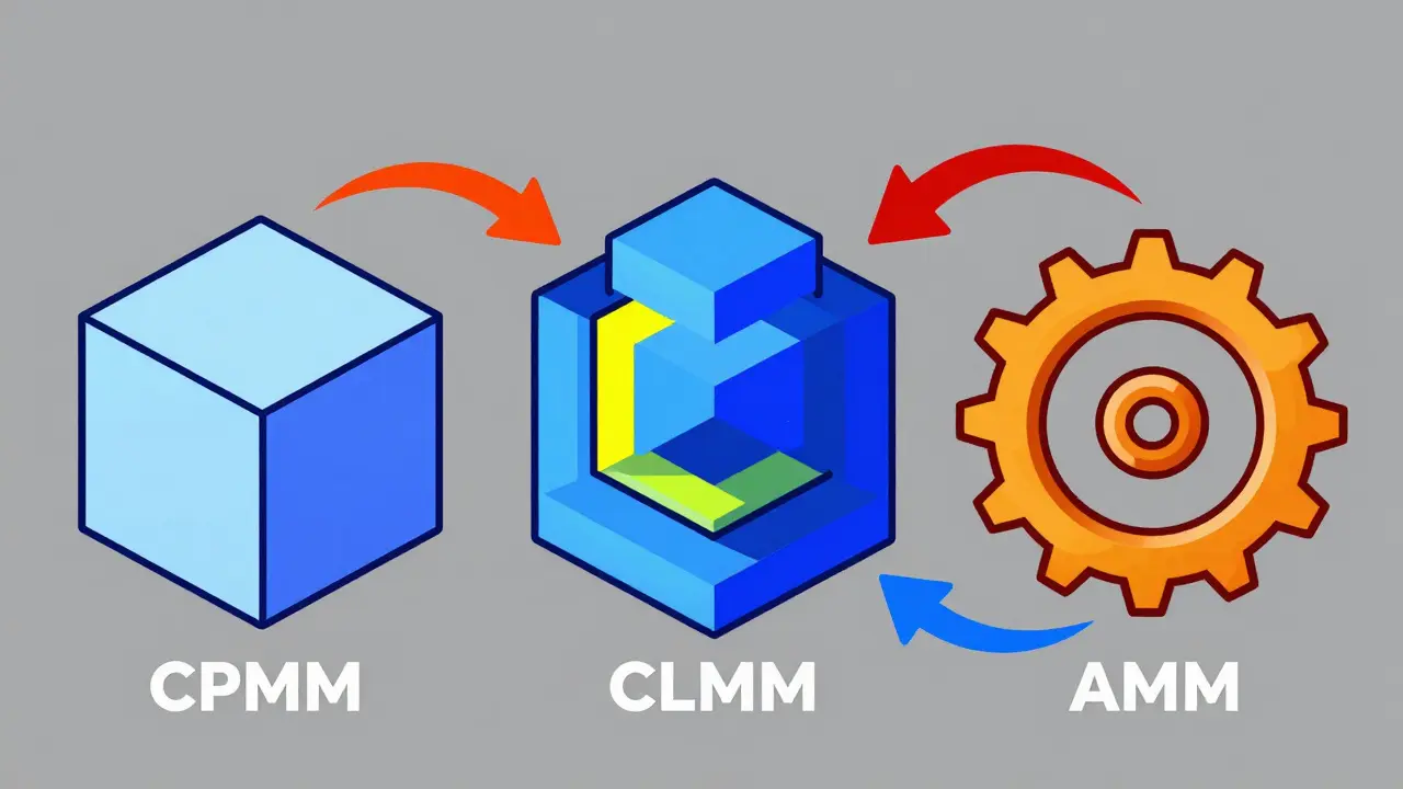 Geometric shapes representing CPMM, CLMM, and AMM pool types