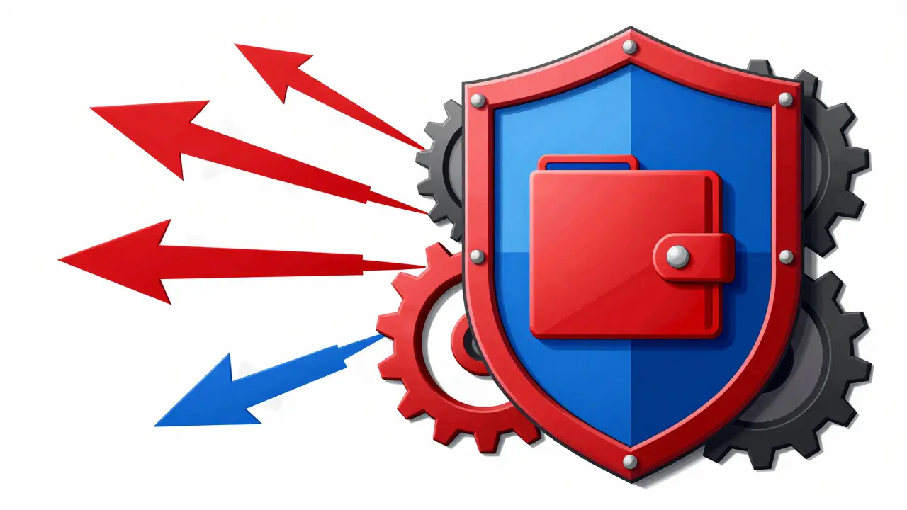Geometric shield protecting wallet from scam arrows