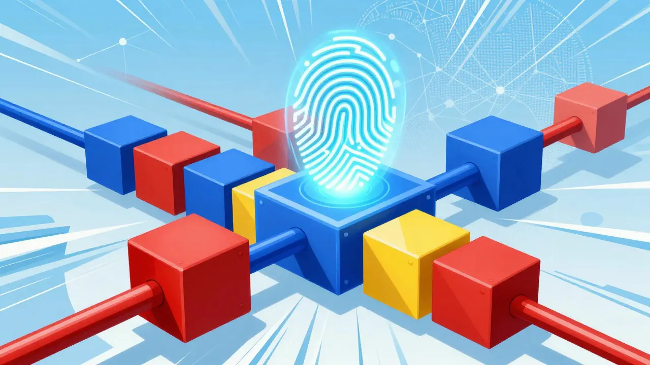 Glowing digital hash stamping onto strong geometric blockchain blocks.