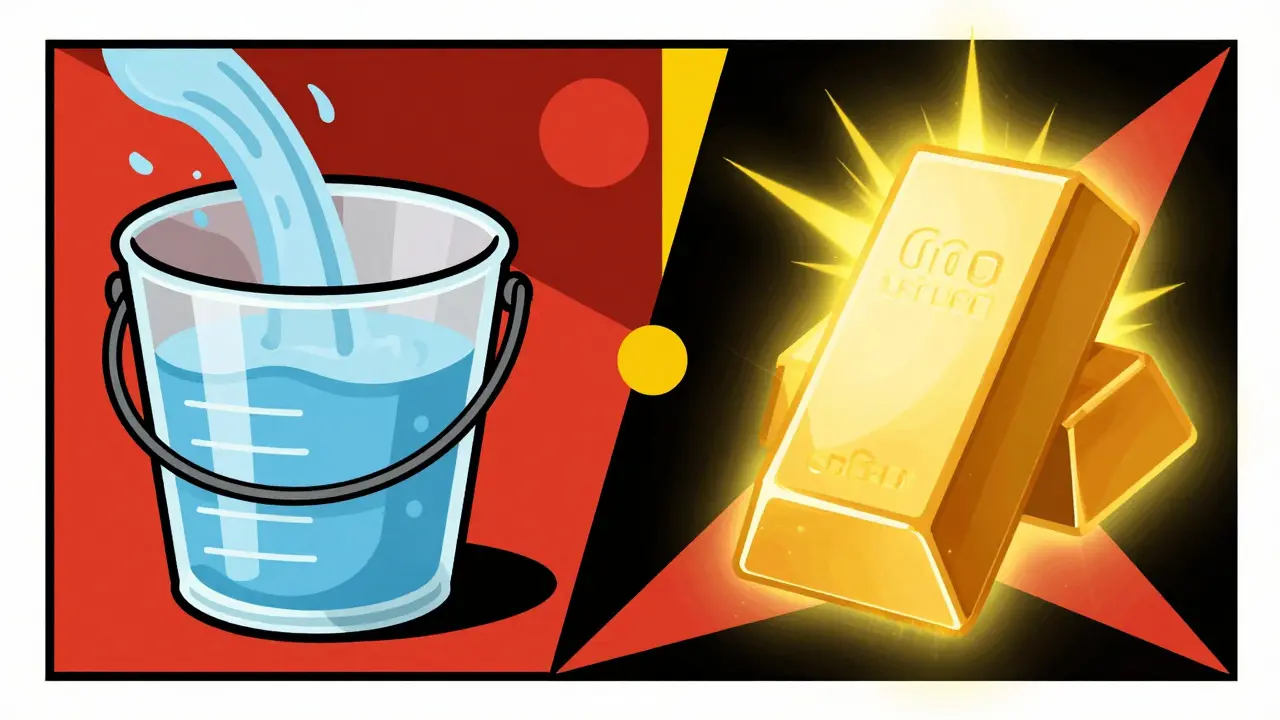 Graphic comparison of a filling water bucket versus a glowing static gold bar in constructivist style.