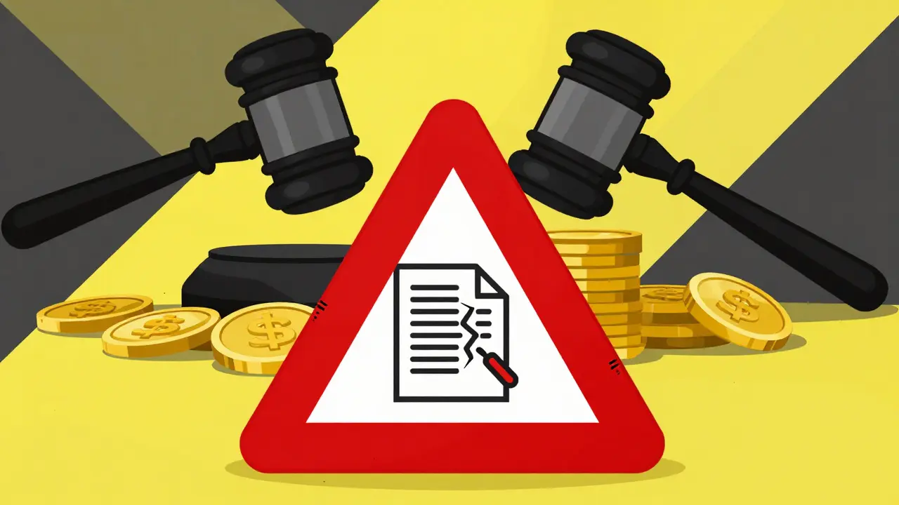 Graphic illustration of regulatory risks with a warning sign and gavel over generic crypto coins.