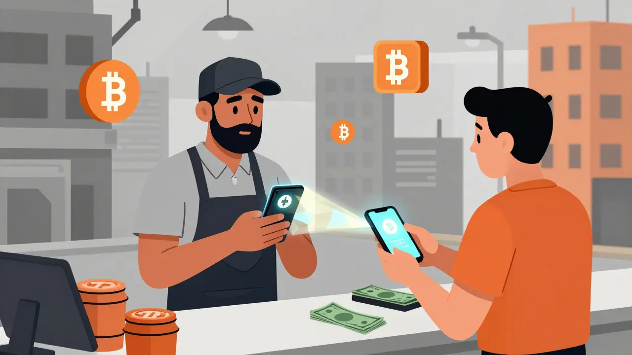 Illustration of people using phones for crypto payments at market