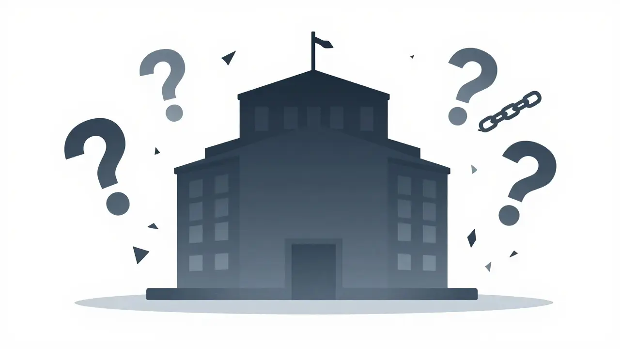Isolated exchange building surrounded by question marks, symbolizing lack of community presence.
