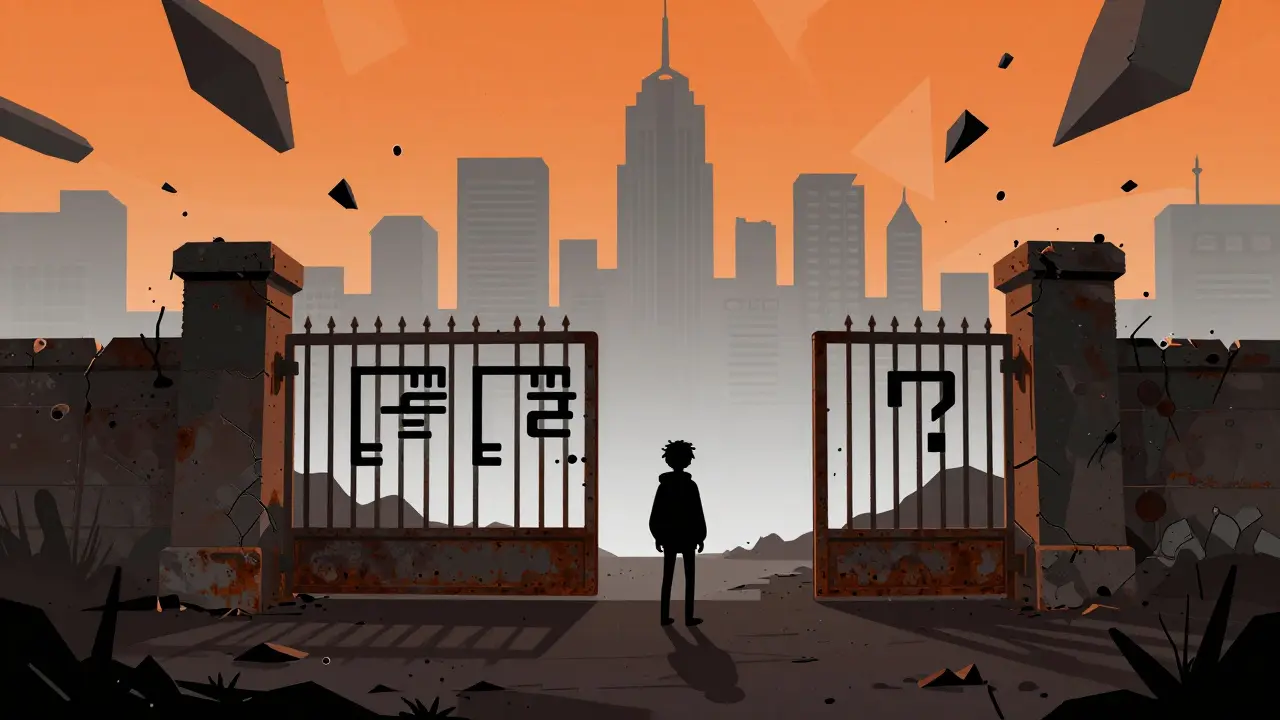 Lone figure at broken gate in digital wasteland, abandoned project metaphor