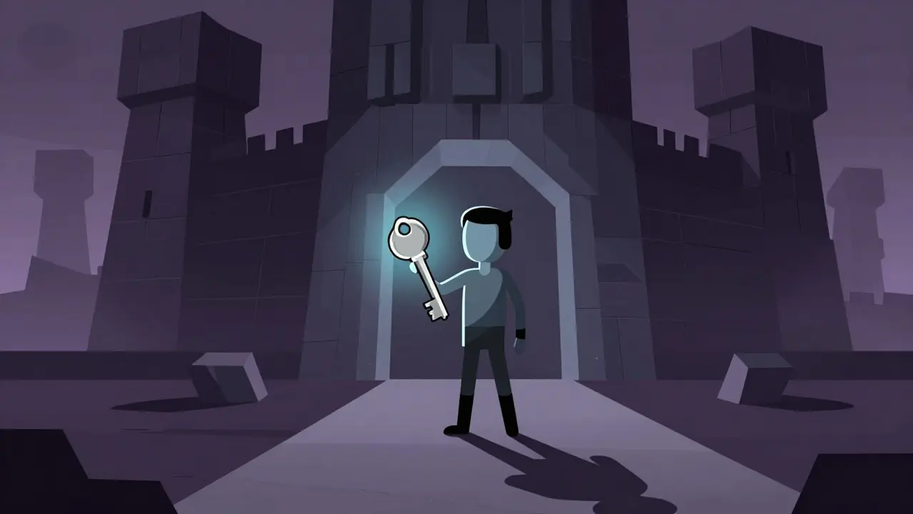 Stylized hero standing before a dark fortress of angular NFT blocks