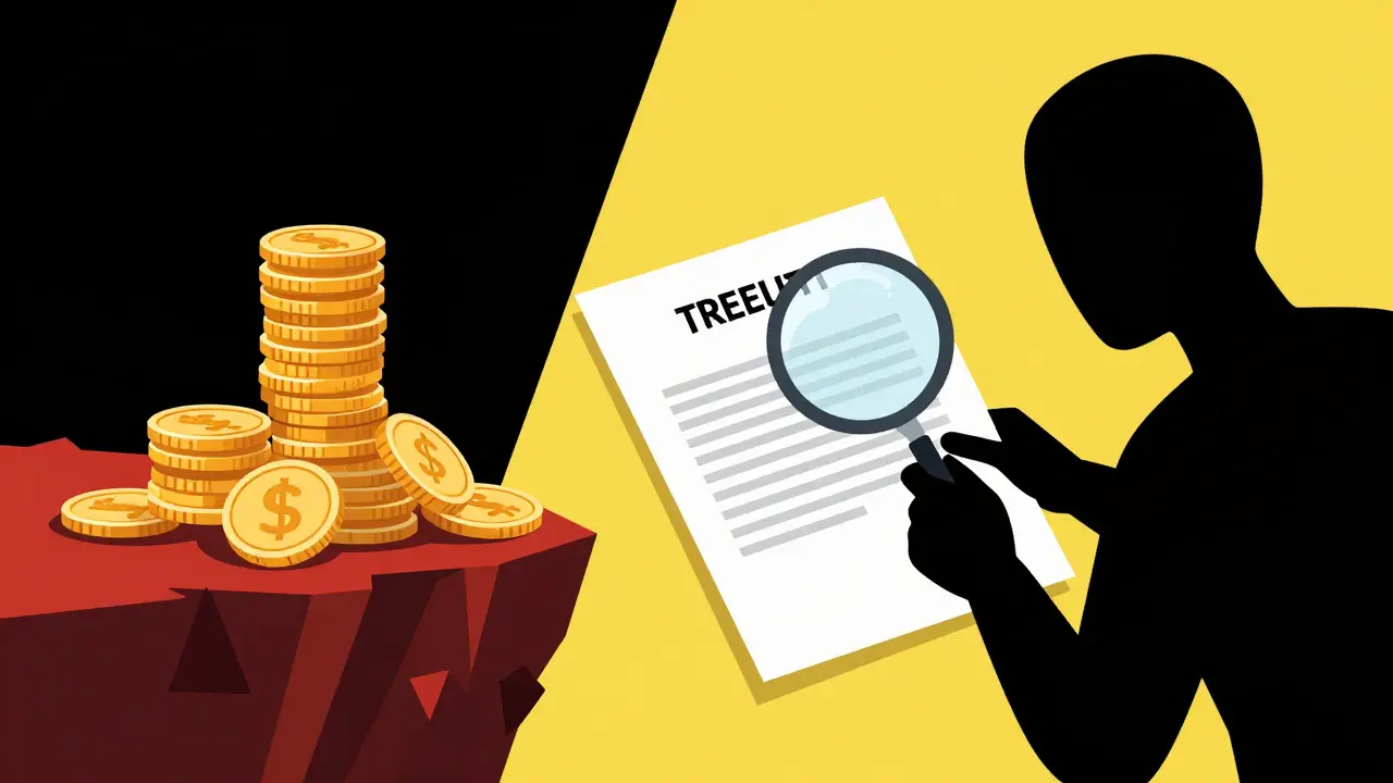 Teetering coins and vigilant inspector in bold red and yellow constructivist style