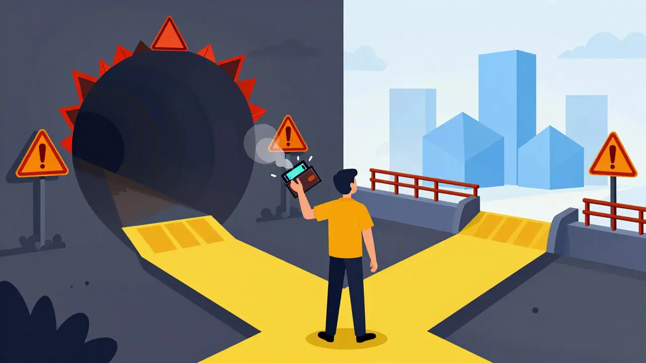 Trader at a crossroads choosing between a risky dark tunnel and a safe, regulated bridge.