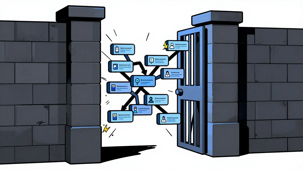 Abstract art showing decentralized finance structures clashing with regulatory walls