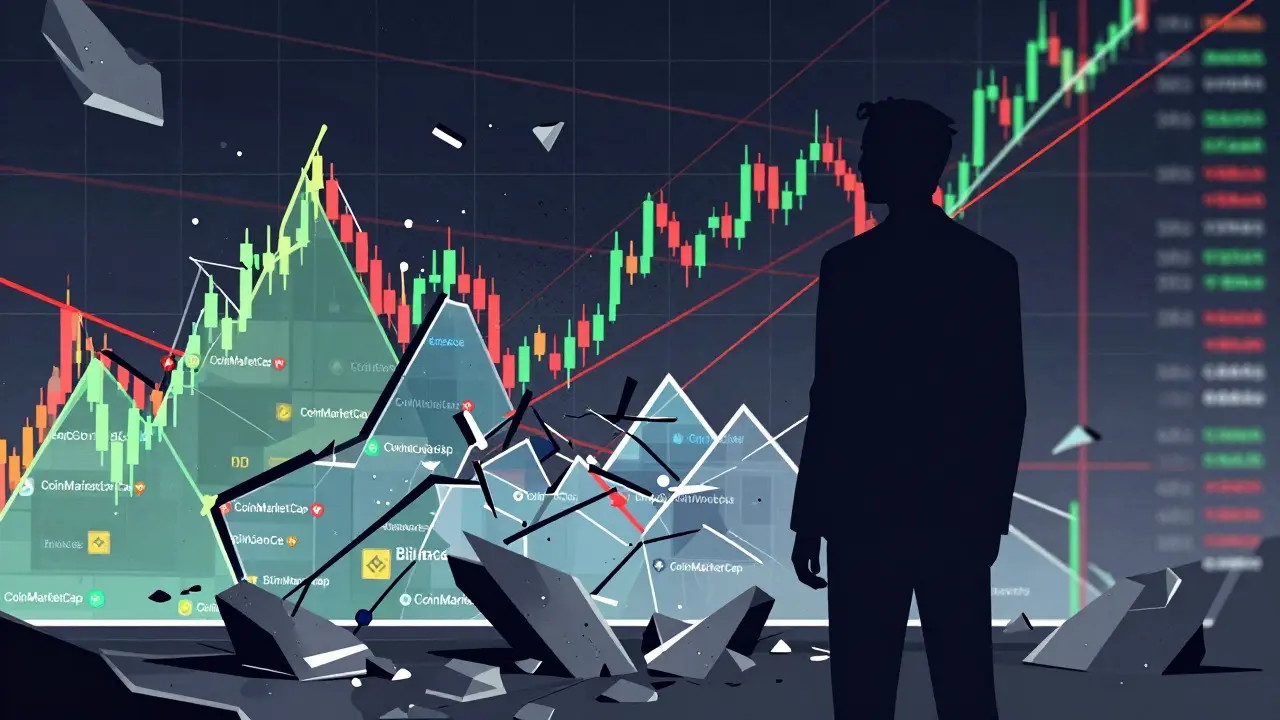 Abstract constructivist art showing fragmented crypto price charts and volatility