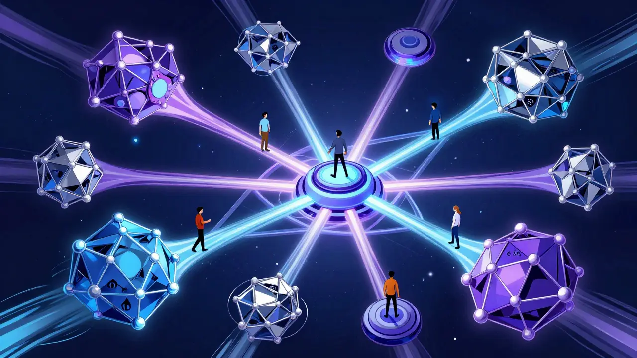 Abstract constructivist art showing interconnected specialized blockchain nodes