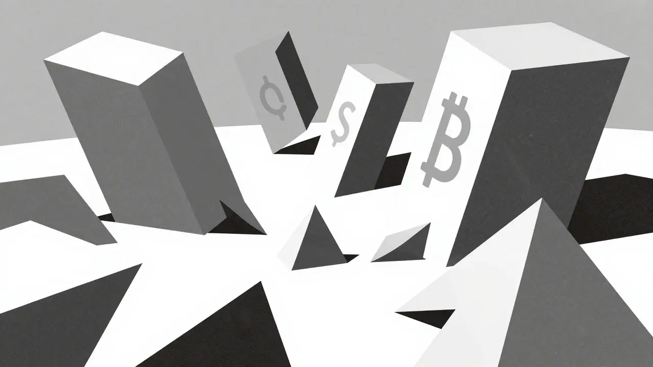 Abstract constructivist art showing market slippage with broken geometric blocks