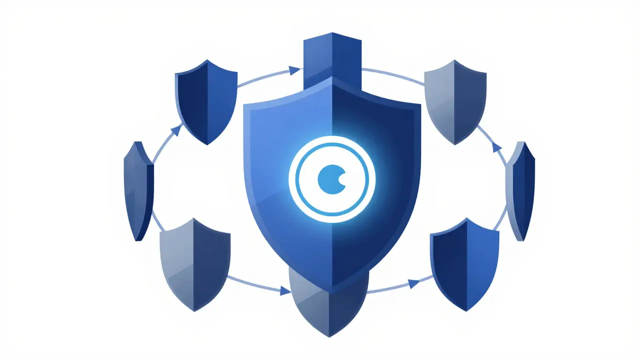Abstract constructivist design of interlocking geometric shields protecting a central CANDY token icon.