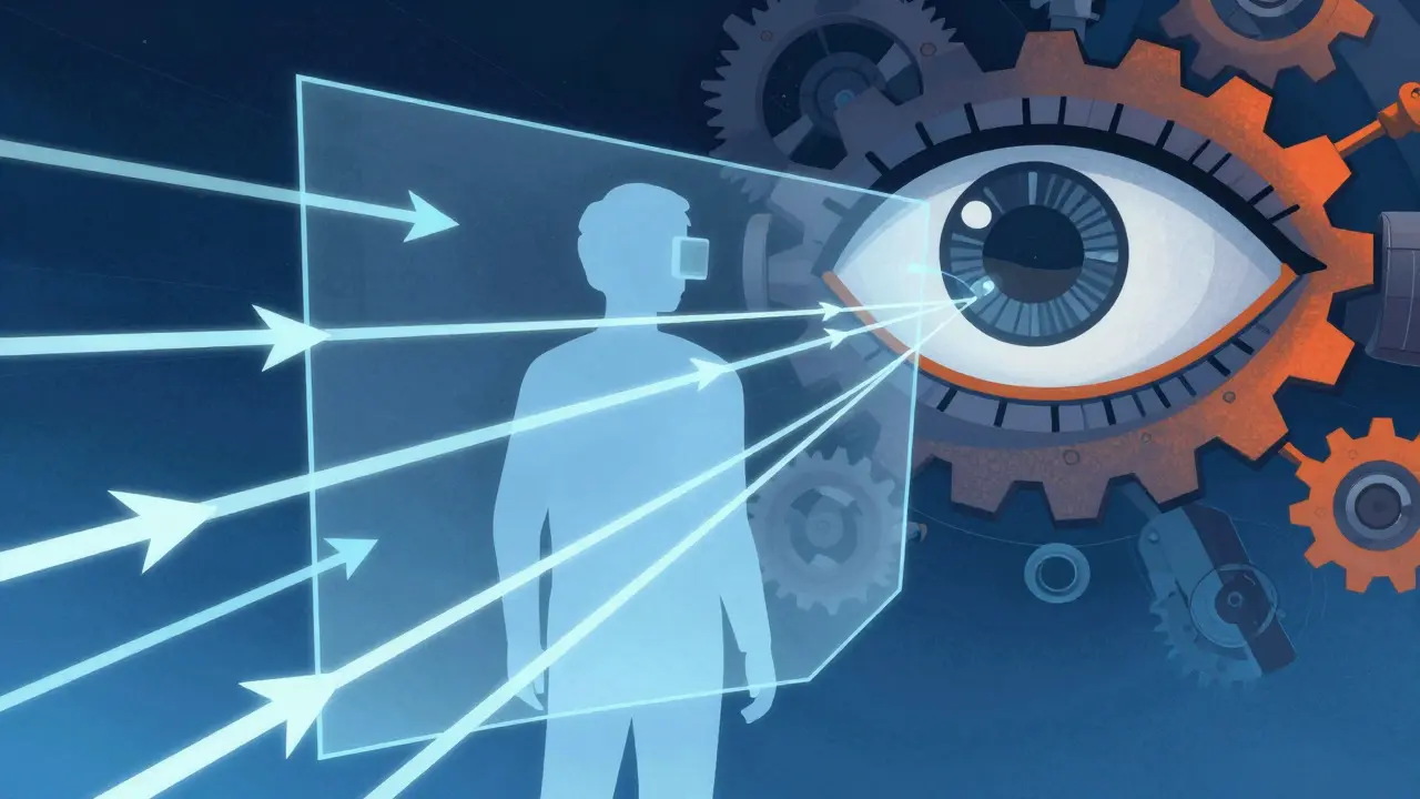 Abstract constructivist illustration of blockchain surveillance scanning a user silhouette
