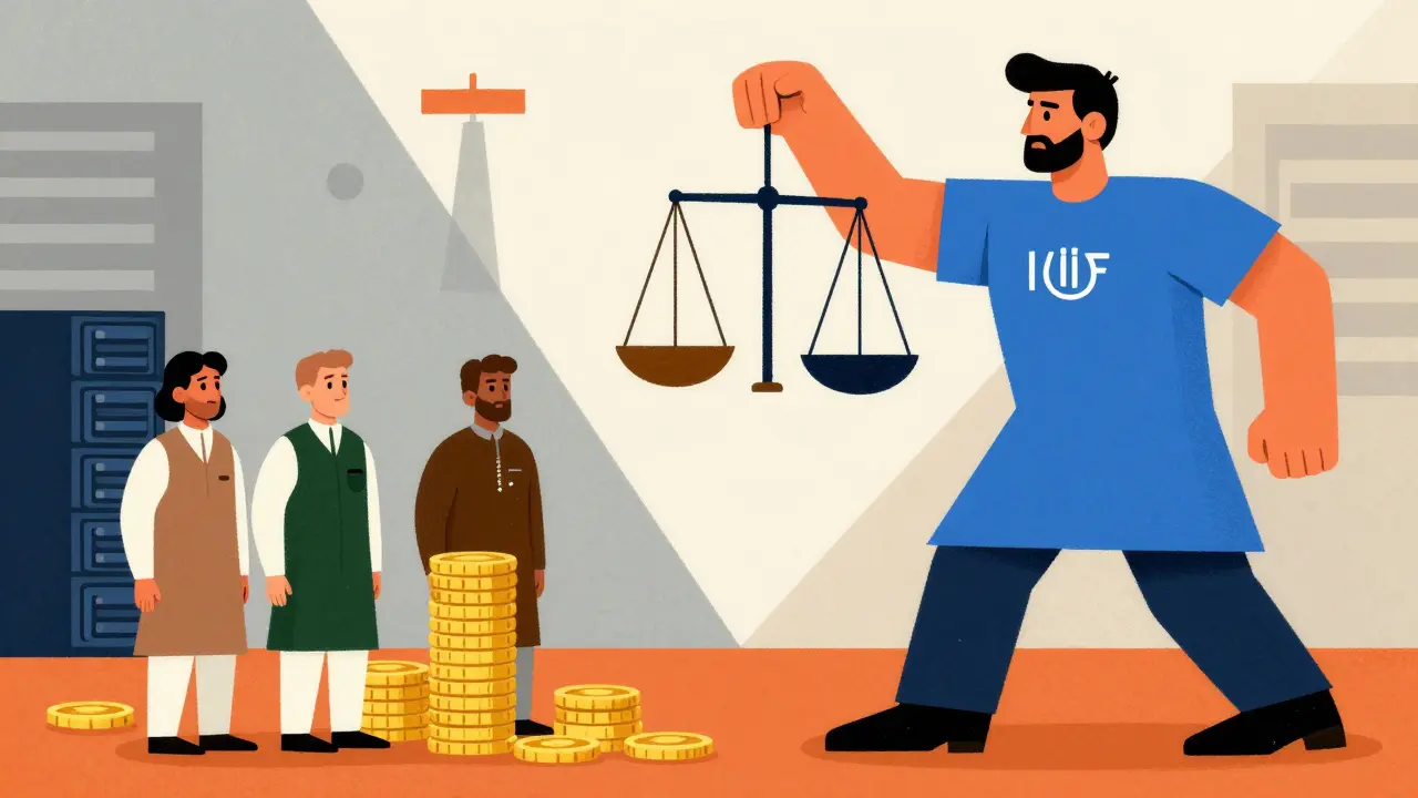 Abstract figures negotiating between crypto miners and IMF regulators