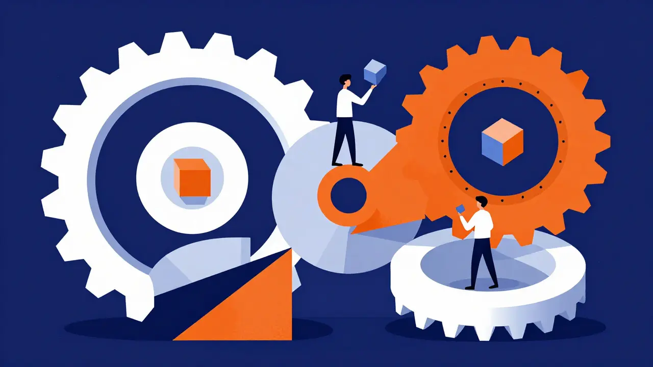 Abstract gears and cubes illustrating DeFi liquidity pools in cartoon style
