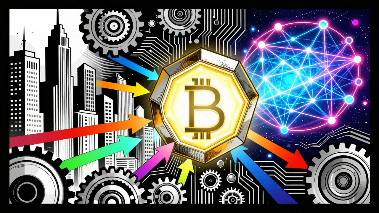Abstract hexagonal token connecting cityscape to digital data streams