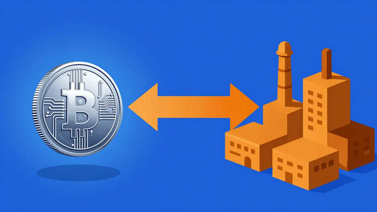 Abstract illustration connecting a digital coin to industrial buildings via a bold bridge.