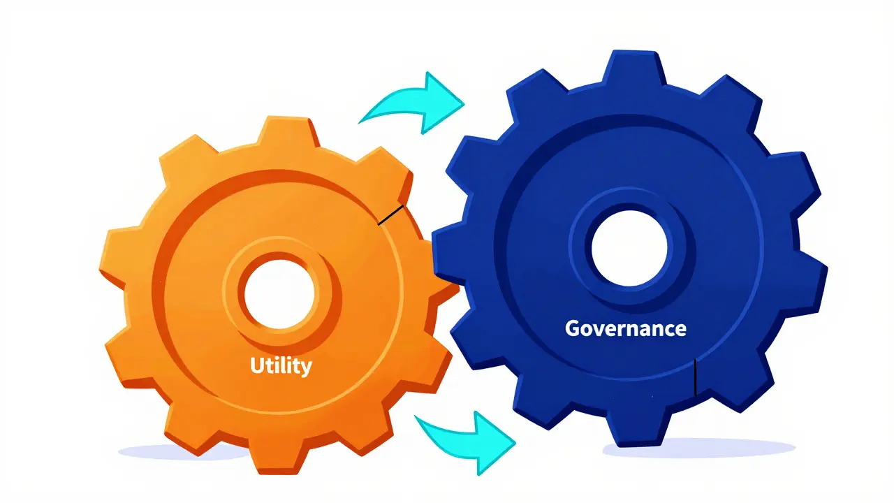 Abstract illustration of two interlocking gears representing governance and utility tokens.