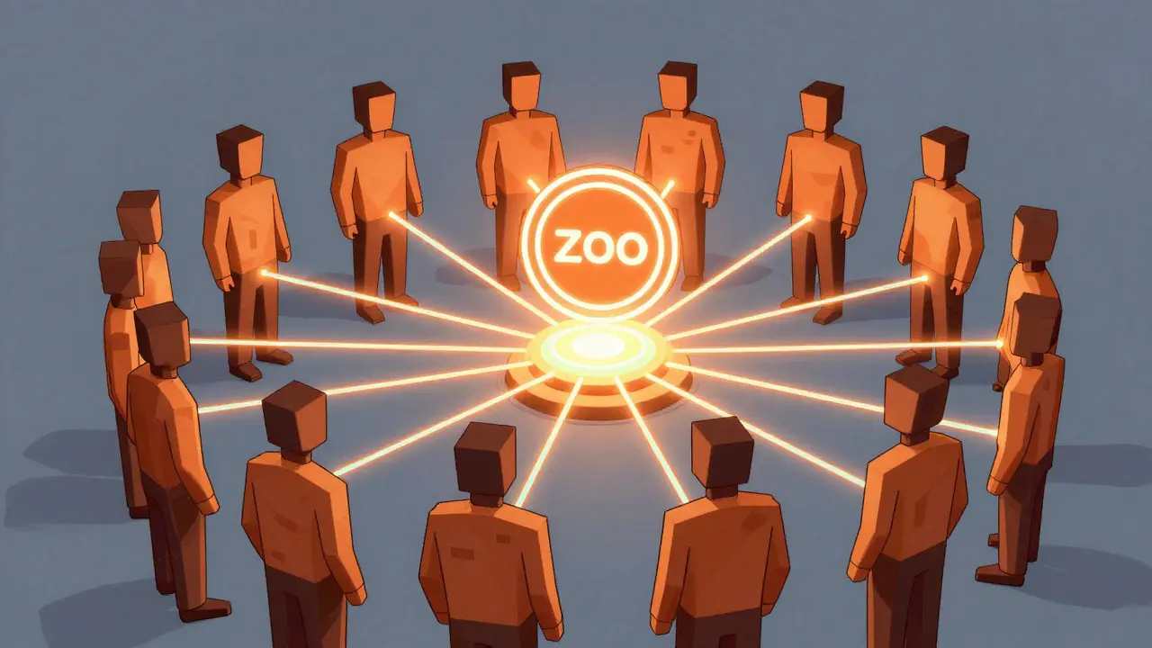 Abstract network of connected users surrounding a central crypto token