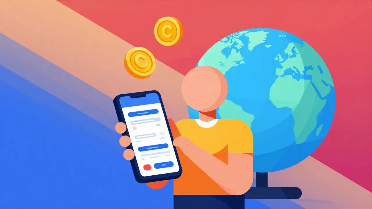 Cartoon character with smartphone showing travel bookings and ascending CANDY tokens against a faceted globe.