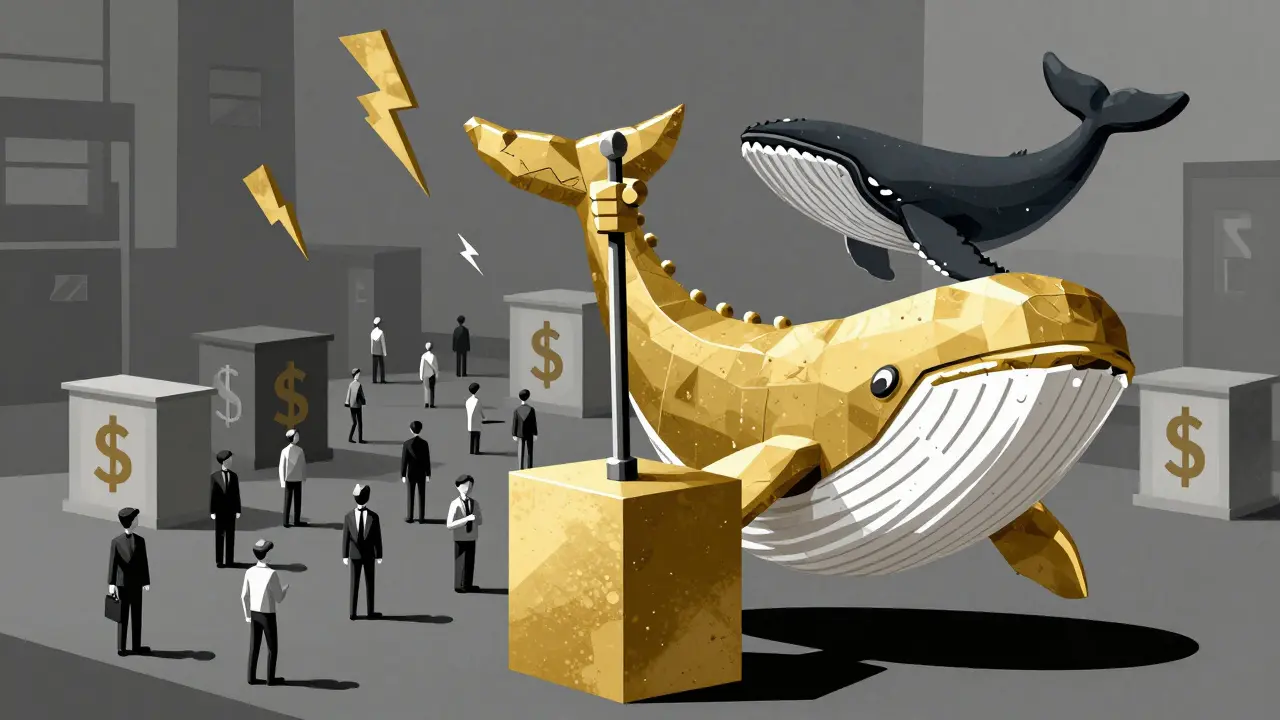 Constructivist art depicting whale dominance and voter apathy in blockchain governance