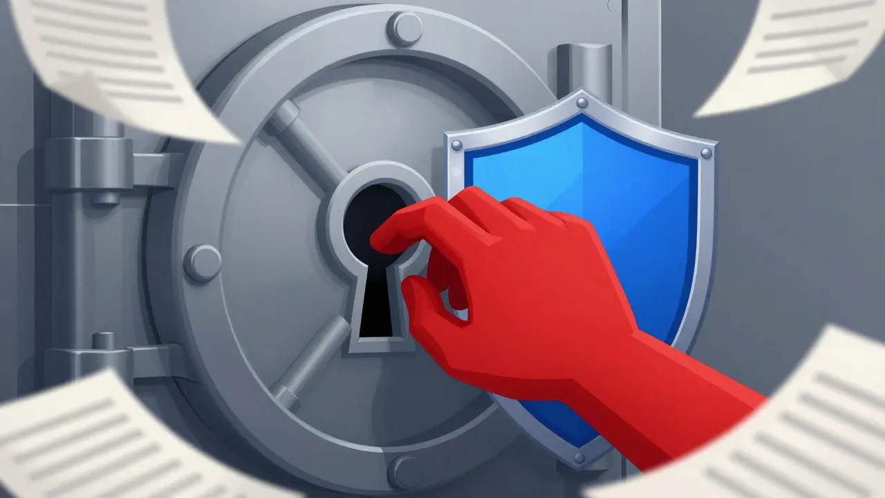Constructivist cartoon of a digital wallet being protected from a malicious hand by a shield.