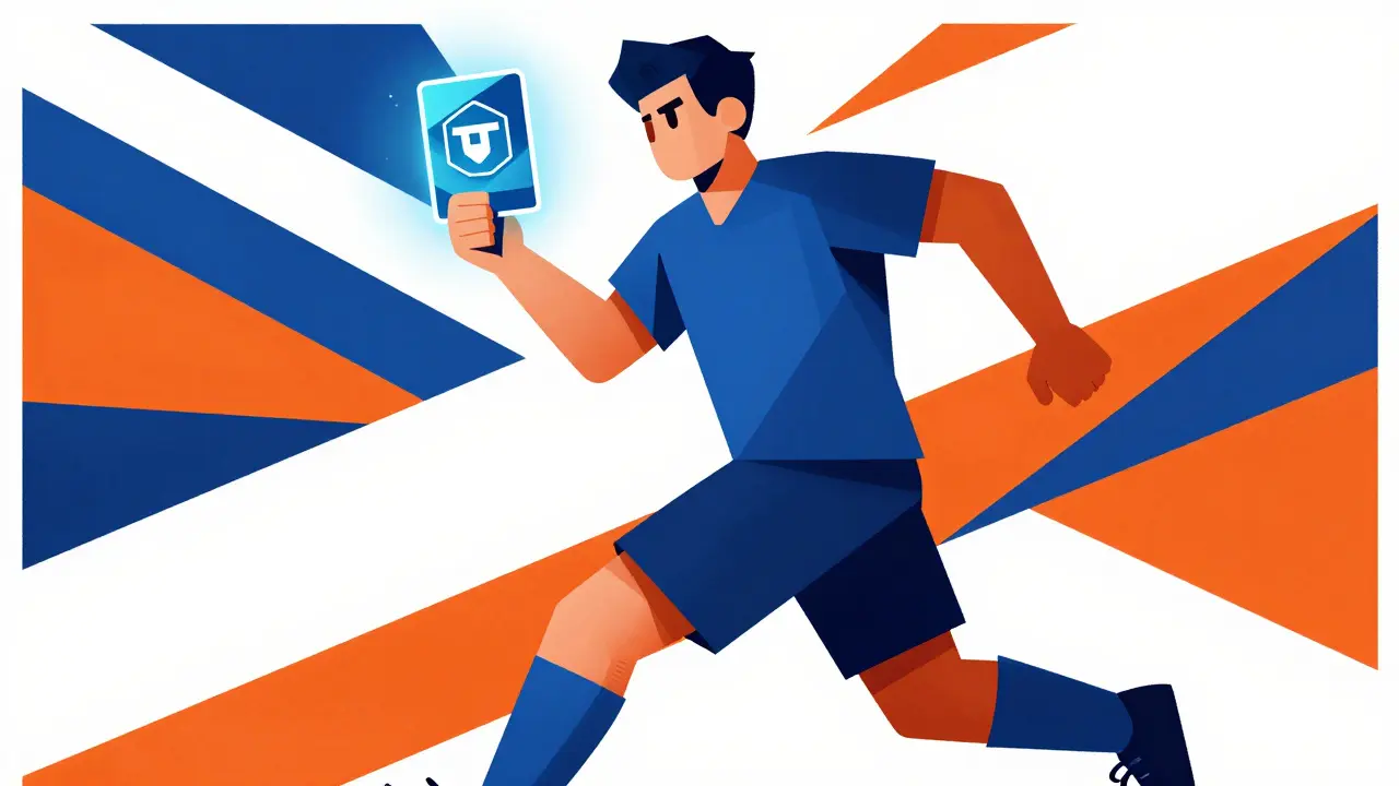 Constructivist style football player holding a digital NFT card