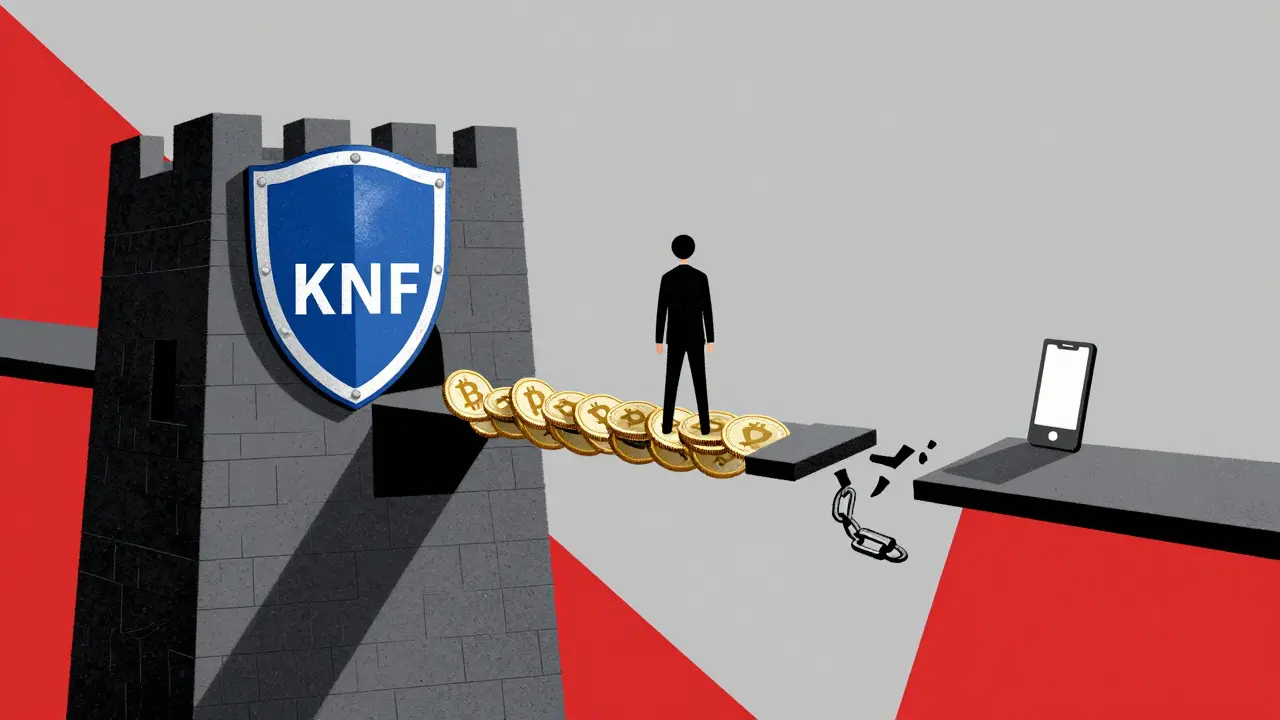 Figure on crypto bridge anchored by Polish regulation shield, no mobile app