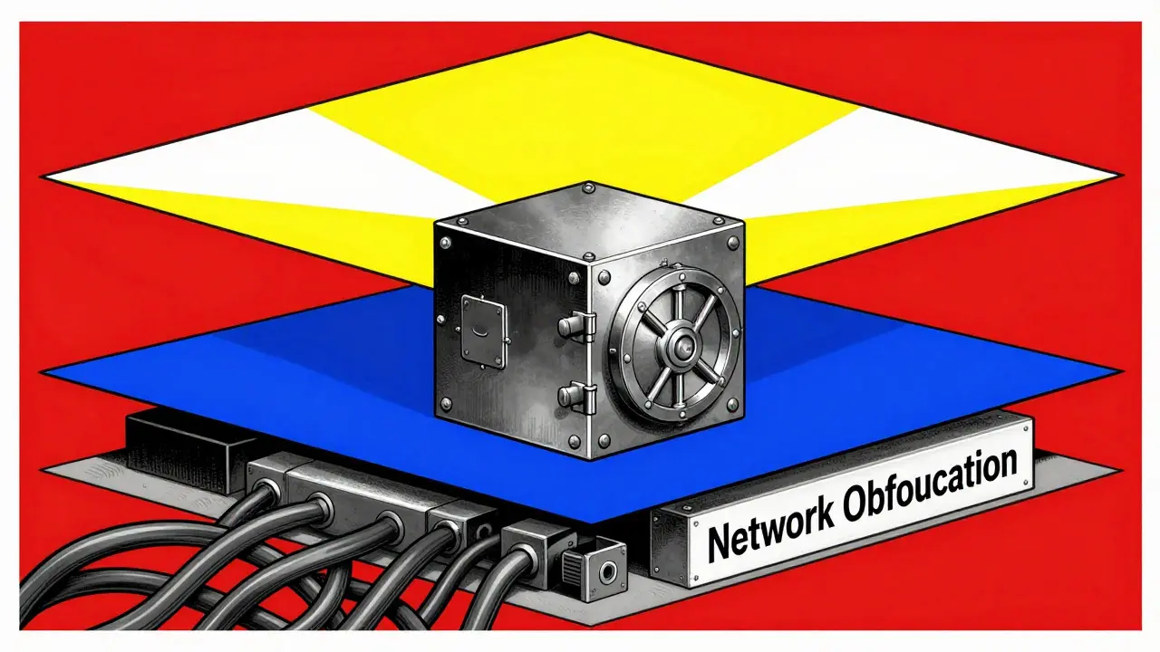 Geometric constructivist art showing layers of VPN, hardware wallet, and verification