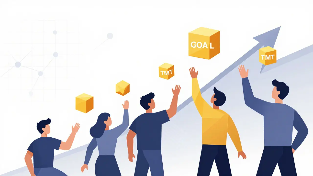 Geometric figures reaching for floating crypto token rewards