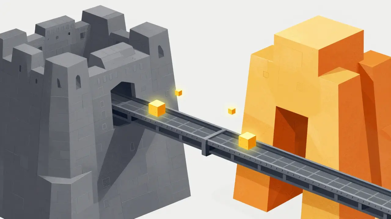 Geometric illustration of a bridge connecting a secure mainnet fortress to a flexible sidechain