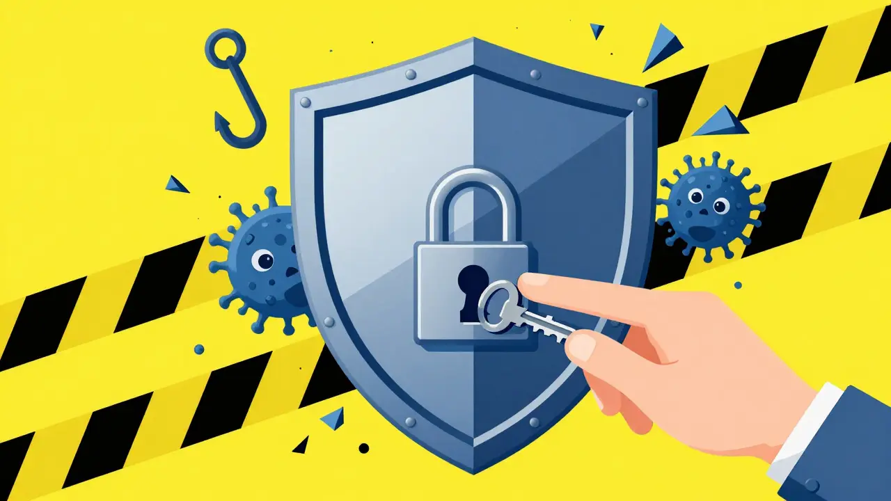 Geometric illustration of a digital shield protecting against cyber threats
