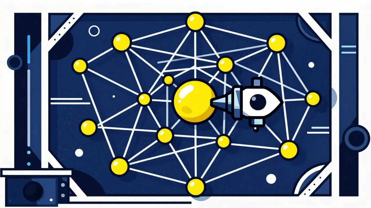Geometric illustration of blockchain nodes being screened by a digital filter