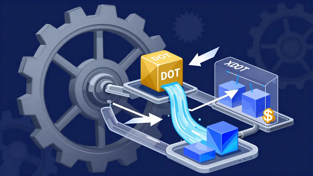 Geometric illustration of DOT converting to liquid xDOT in DeFi gears