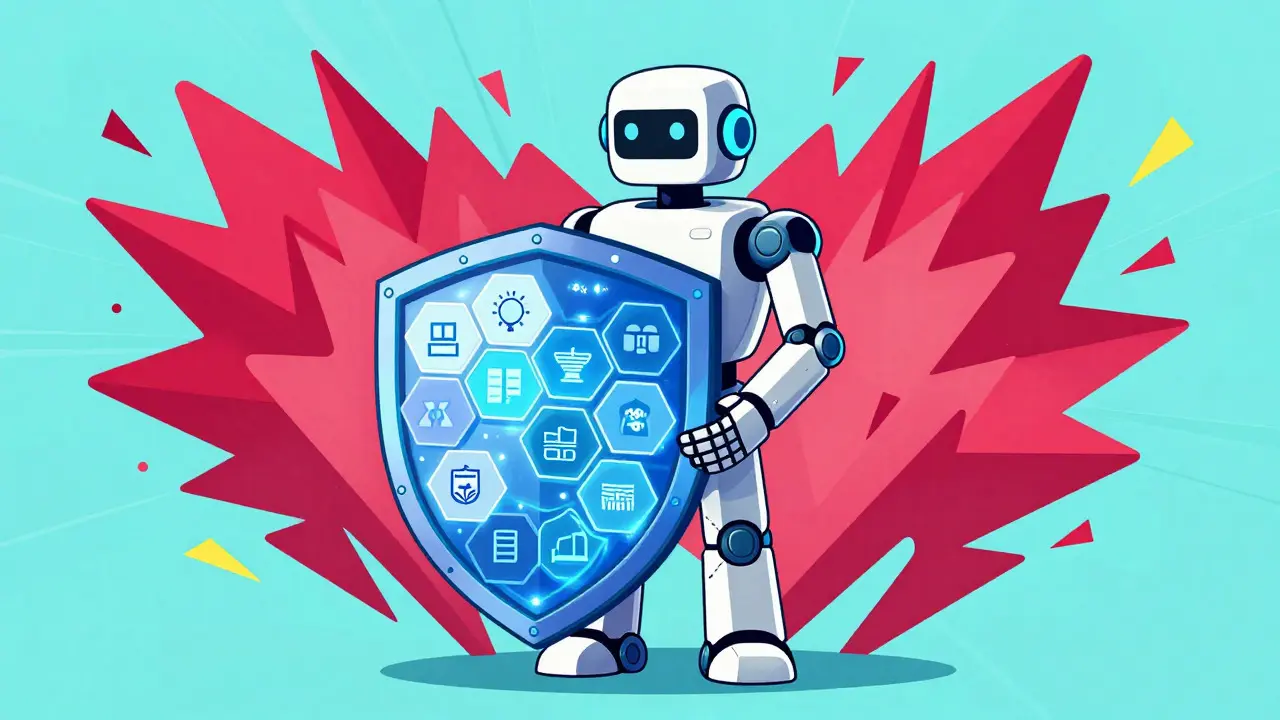 Graphic art of an AI system organizing regulatory tiles into a protective shield against chaos.
