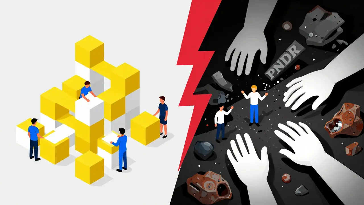 Illustration comparing safe crypto structures on the left with chaotic scam debris on the right.