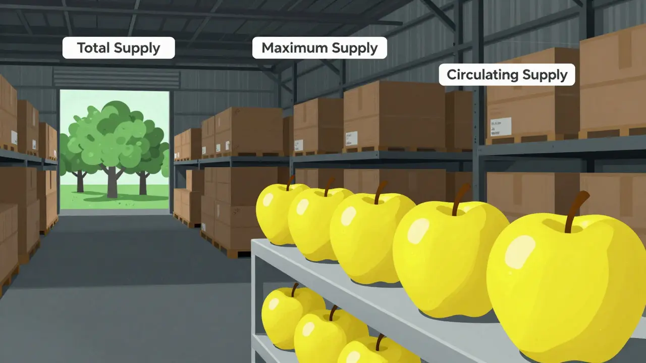 Illustration showing circulating, total, and maximum crypto supply as shelves, crates, and trees