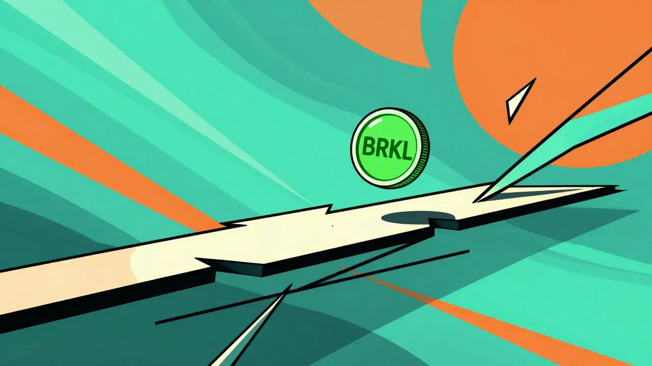 Small green coin floating on an unstable geometric platform amidst chaos