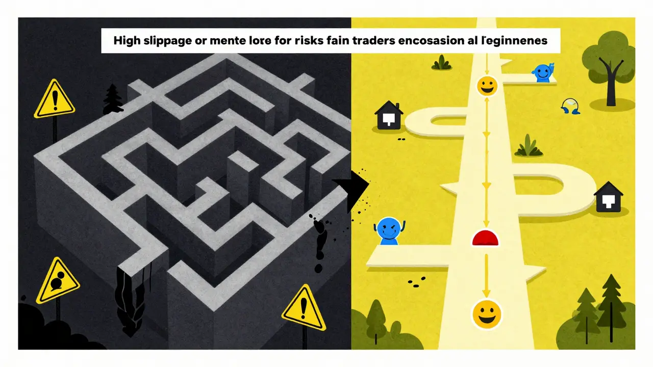 Split illustration contrasting risky trading vs safe learning paths