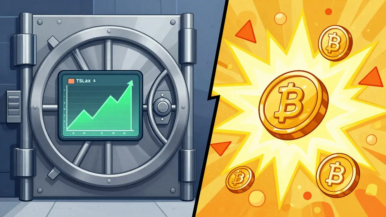 Split illustration contrasting stable tokenized stock vault with volatile meme coin chaos
