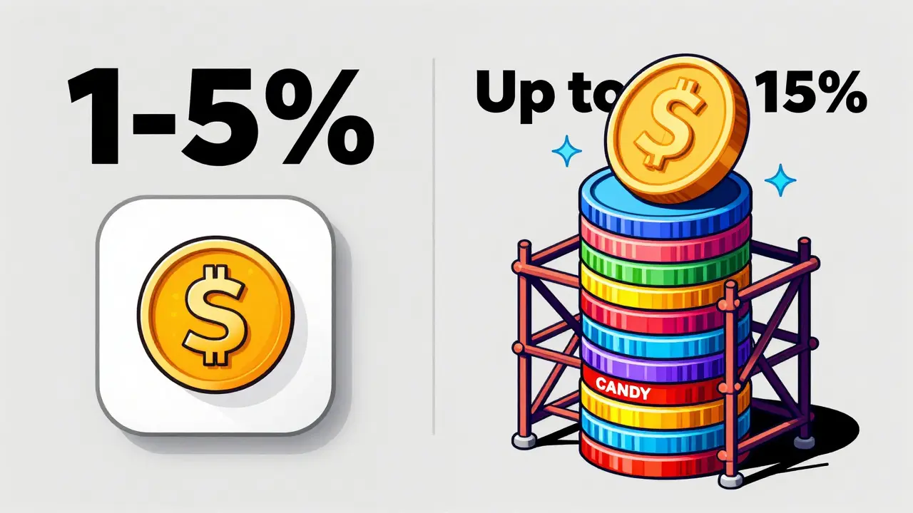 Split-screen cartoon comparison of traditional cashback versus growing CANDY token rewards in constructivist style.