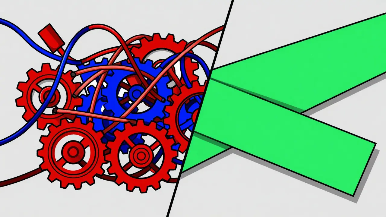 Split view comparing complex trading gears vs smooth payment flows