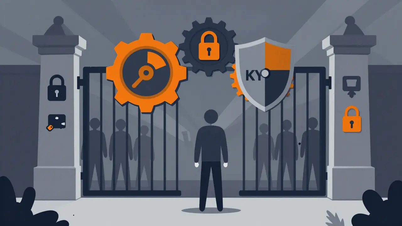Stylized figure standing before a gear-and-shield gate, symbolizing security and user caution.