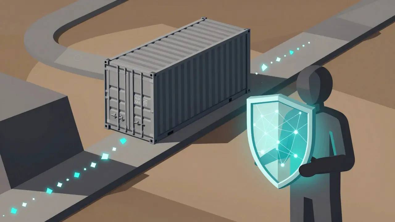 Stylized graphic of supply chain tracking and secure digital identity credentials