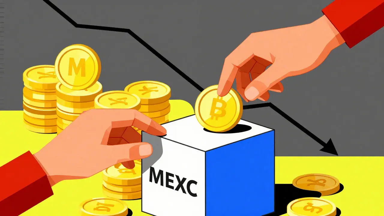 Stylized hands casting votes with tokens into a geometric ballot box