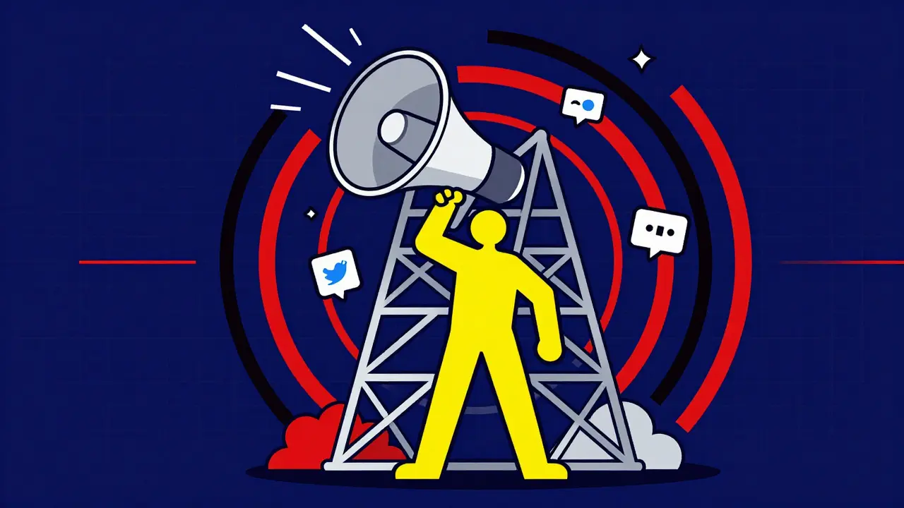 Stylized hero figure broadcasting signals through a geometric tower in constructivist art.